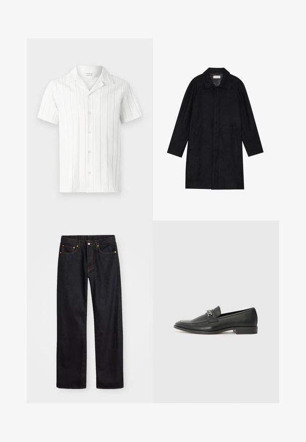 Melnā jaka, izgatavota no mīksta, teksturēta auduma. Ar apkakli, raglāna piedurknēm, sānu kabatām un priekšējo pogu aizdari.; Balta īsām piedurknēm krekla ar vertikālām strukturētām svītrām, ar izgriezumu apkaklītei un pieciem pogām priekšā, izgatavots no viegla auduma.; Vīriešu taisno kāju melnie džinsi ar piecām kabatām un oranžu izšuvumu, ar pogu un zipa aizdari priekšējā jostas daļā.; Melna ādas loafer izmēra apavi ar gludu virsmu, piedāvā ar šūtu dizainu un dekoratīvu metāla ķēdes akcentu pār vampu. Plakana papēža daļa.