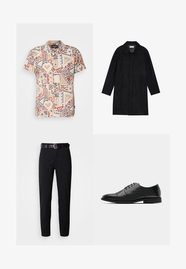 Sort frakke lavet af blød, struktureret stof. Har en krave, raglanærmer, sidelommer og en frontknaplukning.; Kortærmet skjorte med en beige baggrund og geometriske mønstre i rød, brun og sort; knaplukning, letvægtsstof.; Sorte bukser med lige snit, der har en glat tekstur og et sort læderbælte med en sølvspænde. Enkel design, ingen mønstre eller accenter.; Sort læder dress-sko med rund tå, snørebåndsdesign, diskrete syninger og lav hæl. Glat tekstur med poleret finish.
