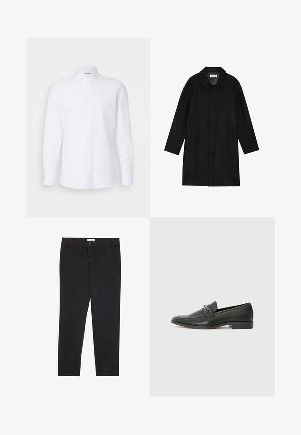 Črn plašč, izdelan iz mehkega, strukturiranega blaga. Ima ovratnik, raglan rokave, stranske žepe in sprednje zapiranje na gumbe.; Bela dolgimi rokavi zapeta srajca iz gladkega bombaža. Ima klasičen ovratnik, sprednji del z zapenjanjem na gumbe in raven rob.; Črne bombažne hlače s slim fit krojem, z dvema stranskima žepoma in sprednjim gumbom za zapiranje. Teksturirano blago z nežnimi detajli.; Črni usnjeni loafer z gladko površino, ki ima šivano zasnovo in dekorativni kovinski verižni naglas preko vampirja. Ravno peto.