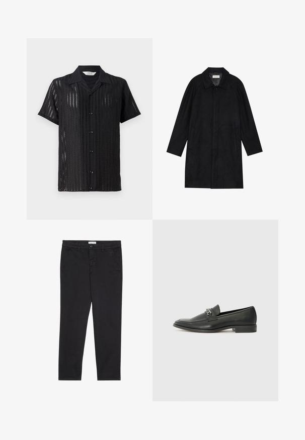 Abrigo negro hecho de un tejido suave y texturizado. Presenta un cuello, mangas raglán, bolsillos laterales y un cierre frontal con botones.; Camisa negra de manga corta con diseño de malla, con botones en la parte delantera y un cuello clásico. Tejido ligero con corte vertical.; Pantalones de algodón negro con corte slim, que presentan dos bolsillos laterales y un cierre frontal con botón. Tejido texturizado con detalles sutiles.; Mocasín de cuero negro con un acabado suave, que cuenta con un diseño de costura y un acento decorativo de cadena de metal en el empeine. Tacón plano.