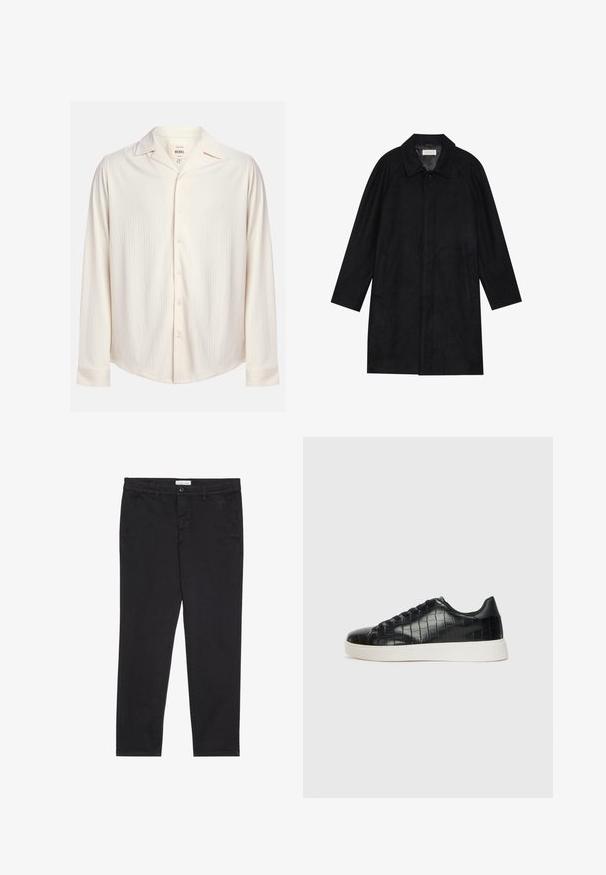 Musta takki, joka on valmistettu pehmeästä, teksturoidusta kankaasta. Sieltä löytyy kaulus, raglanhihat, sivutaskut ja etupainike.; Kreemivärvi, pika varrukaga nööpidega särgil on tekstuuriga triibuline disain ja sisselõikega krae. Omab ümarat hemmi ja nööpide aksessuaare.; Mustat puuvillahousut, joissa on kapea malli, kahdella sivutaskulla ja edessä nappisuljenta. Rakenteellinen kangas hienovaraisilla yksityiskohdilla.; Musta lenkkarit, joissa on teksturoitu krokotiililla kohokuvioitu nahkapinta, pyöristetty varvas ja erottuva valkoinen kumipohja, jossa on sileä pinta.