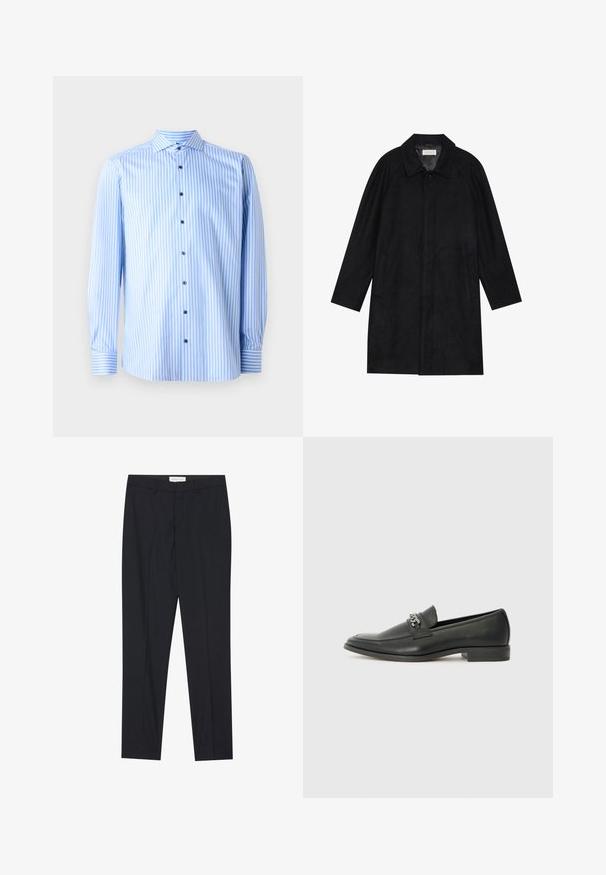 Black coat made from soft, textured fabric. Features a collar, raglan sleeves, side pockets, and a front button closure.; Light blue button-up shirt with white vertical stripes, long sleeves, and a spread collar. Features blue buttons and cuff accents.; Black tailored trousers with a flat front, regular fit, made of smooth fabric, featuring pressed pleats and side pockets.; Black leather loafer with a smooth finish, featuring a stitched design and a decorative metal chain accent across the vamp. Flat heel.
