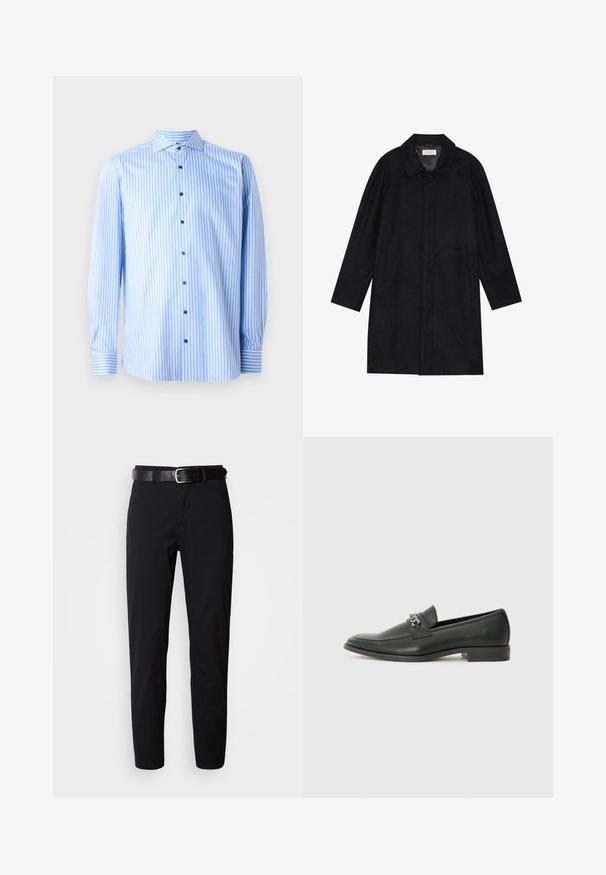 Svart frakk laget av myk, teksturert stoff. Har krage, raglanermer, sidelommer og forsterket knappelukking foran.; Lyseblå skjorte med hvite vertikale striper, lange ermer og spredt krage. Har blå knapper og mansjett-detaljer.; Sorte bukser med en lige pasform, med en glat tekstur og et sort læderbælte med en sølvspænde. Enkel design, uden mønstre eller detaljer.; Sorte skinnloafers med en glatt finish, og med en sydd design og en dekorativ metallkjedeakcent over foten. Flat hæl.