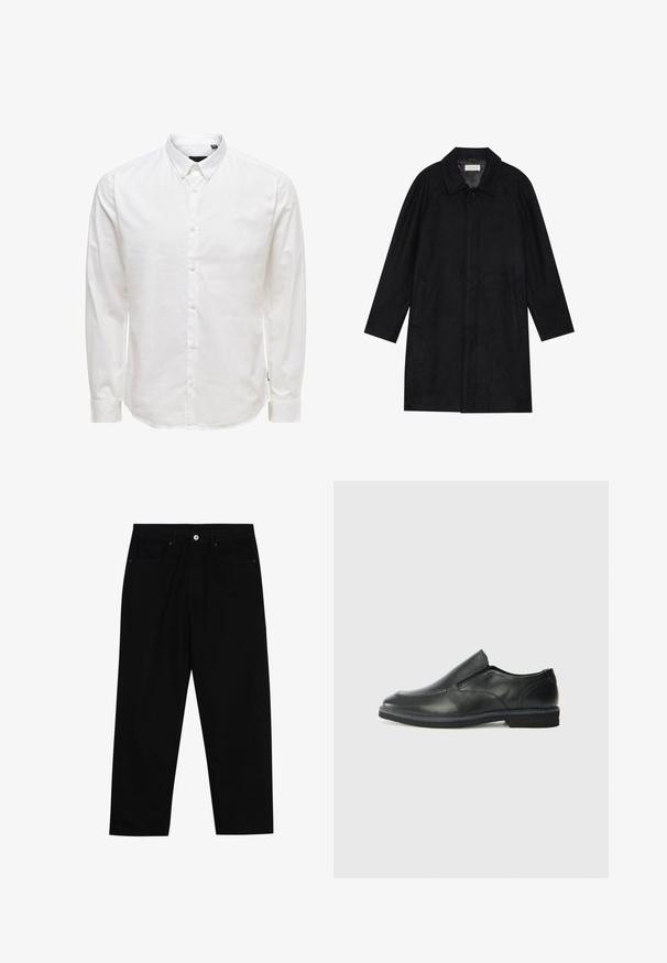 Abrigo negro hecho de un tejido suave y texturizado. Presenta un cuello, mangas raglán, bolsillos laterales y un cierre frontal con botones.; Camisa blanca de manga larga abotonada con cuello, con una textura suave y seis botones en el frente. Corte ajustado y mangas con puños.; Pantalones de mezclilla negra con corte recto, diseño de cinco bolsillos y cierre frontal con botón. Textura suave con detalles de costura mínimos.; Zapato negro de cuero sin cordones con un upper suave, detalles de costura, punta redonda y un bajo tacón de goma. La suela presenta una tracción mínima.