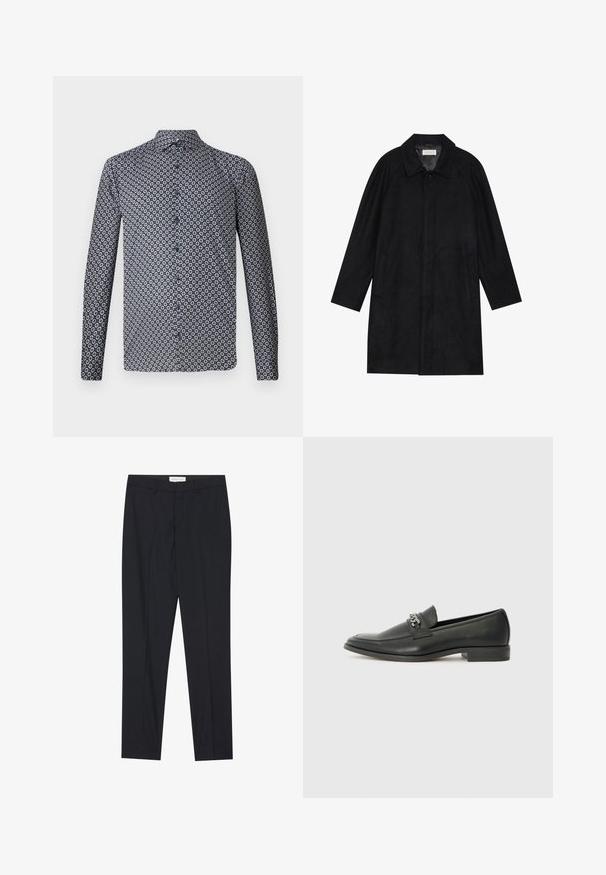 Cappotto nero realizzato in tessuto morbido e texturizzato. Caratterizzato da un colletto, maniche raglan, tasche laterali e chiusura frontale con bottoni.; Camicia a maniche lunghe con bottoni di colore blu navy scuro, caratterizzata da un motivo floreale bianco ripetuto. Presenta un colletto a punta e bottoni frontali. Tessuto di consistenza liscia.; Pantaloni neri su misura con frontale piatto, vestibilità regolare, realizzati in tessuto morbido, con pieghe stirate e tasche laterali.; Mocassino in pelle nera con finitura liscia, caratterizzato da un design cucito e da un accento decorativo in catena metallica sul vamp. Tacco piatto.