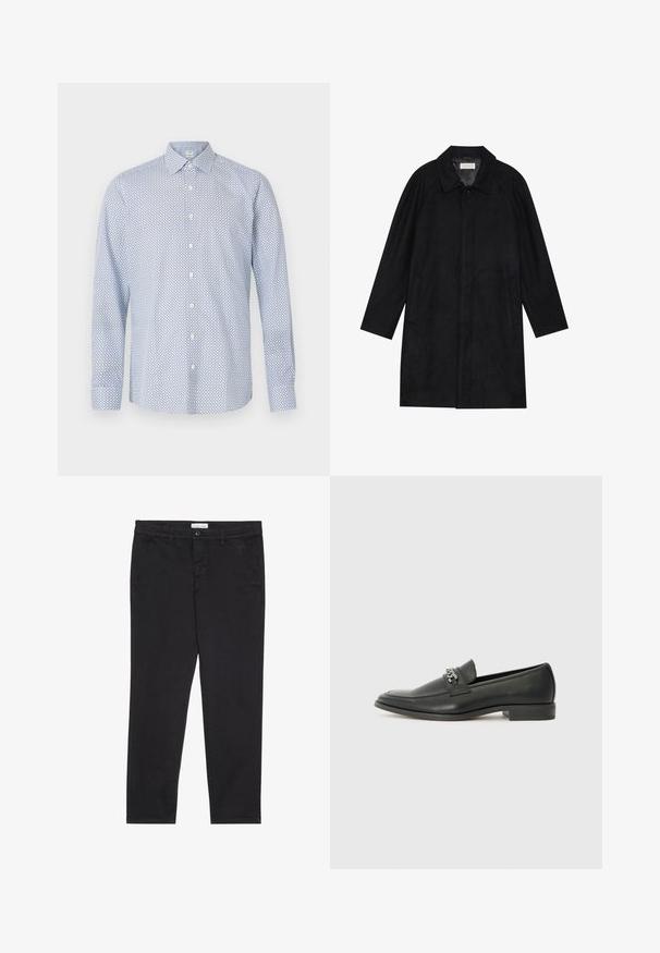 Crni kaput izrađen od mekog, teksturiranog materijala. Ima ovratnik, raglan rukave, bočne džepove i prednje dugme za zatvaranje.; Košulja dugih rukava s dugim rukavima u svijetloplavoj boji s geometrijskim uzorkom i bijelim gumbima, s oštrim kraglom i opuštenim krojem.; Crne pamučne hlače uskog kroja, s dva bočna džepa i prednjim zatvaranjem na dugme. Teksturirana tkanina s suptilnim detaljima.; Crna kožna loafer cipela s glatkom finišem, s ušivenim uzorkom i dekorativnim metalnim lancem preko prednjeg dijela. Ravni potplat.