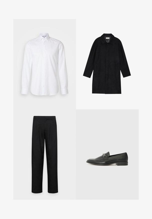 Manteau noir en tissu doux et texturé. Présente un col, des manches raglan, des poches latérales et une fermeture à boutons sur le devant.; Chemise blanche à manches longues en coton, avec un col boutonné, des boutons sur le devant et un ourlet légèrement arrondi. Texture lisse et unie.; Pantalons noirs en tissu lisse, avec une coupe droite, deux plis avant et une taille standard avec passants de ceinture.; Mocassin en cuir noir avec une finition lisse, présentant un design cousu et une accent décoratif en chaîne métallique sur le rand. Talon plat.