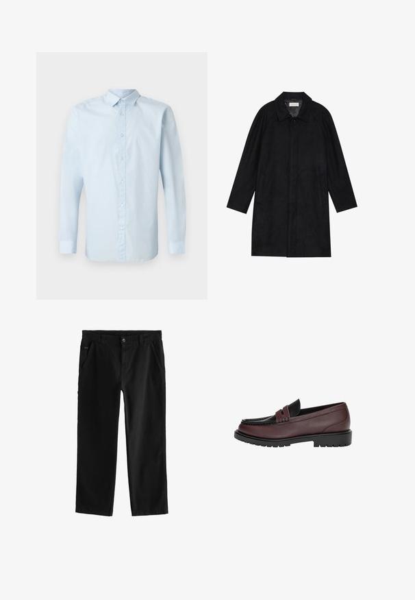 Fekete kabát puha, texturált anyagból készült. Gallérral, raglán ujjal, oldalsó zsebekkel és elülső gombos záródással rendelkezik.; Fénykék hosszú ujjú ing, sima anyagból készült, gombos elülső résszel, normál gallérral és gombos mandzsettákkal.; Fekete pamut nadrág egyenes szárú dizájnnal, első gombos záródással, ferde oldalsó zsebekkel és diszkrét varrási részletekkel.; Bordeaux bőr loaferek fekete bőr felsőrésszel, részletes varrással és textúrázott gumitalppal. Klasszikus dizájn alacsony sarkal.
