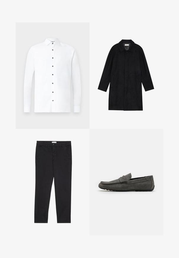 Black coat made from soft, textured fabric. Features a collar, raglan sleeves, side pockets, and a front button closure.; White long-sleeve shirt made of cotton, featuring a classic collar, black button closure, and buttoned cuffs. Smooth texture with minimal design.; Black cotton trousers with a slim fit, featuring two side pockets and a front button closure. Textured fabric with subtle detailing.; Gray suede loafer with a rounded toe, stitched detailing, and flat rubber sole. The shoe has a smooth texture and a front strap accent.