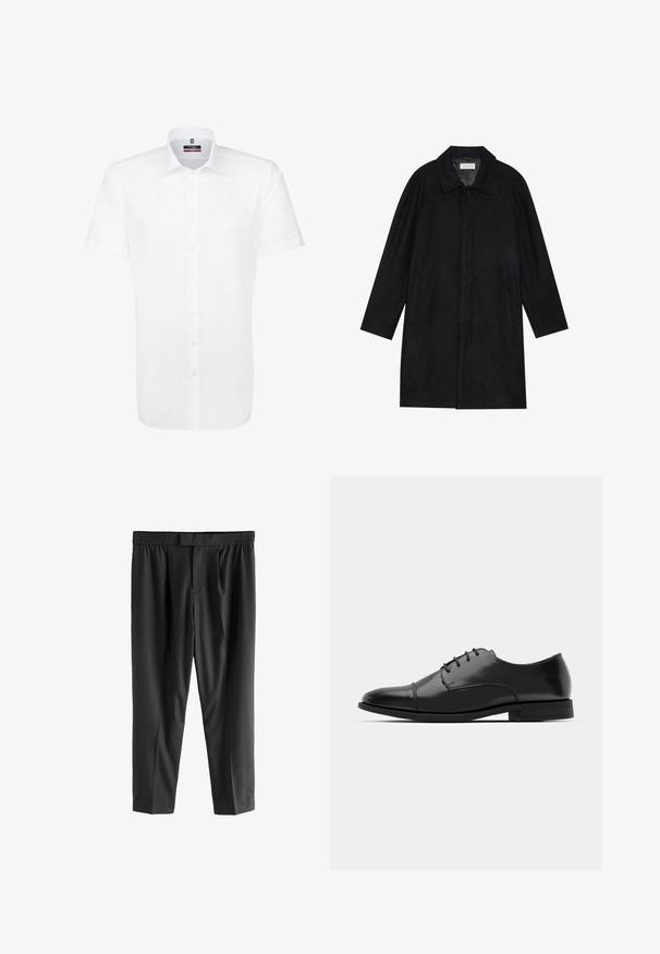Zwarte jas gemaakt van zachte, gestructureerde stof. Beschikt over een kraag, raglanmouwen, zijzakken en een knoopsluiting aan de voorkant.; Korte mouwen witte shirt van gladde stof, met een knopen sluiting aan de voorkant, kraag en een enkele borstzak. Geen patronen of accenten.; Next REGULAR FIT -CHECK SMART - Chino - black; Zwarte leren dresschoenen met een ronde neus, vetersluiting, subtiele stiksels en een lage hak. Glad oppervlak met gepolijste afwerking.