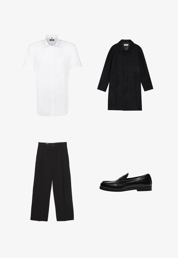 Cappotto nero realizzato in tessuto morbido e texturizzato. Caratterizzato da un colletto, maniche raglan, tasche laterali e chiusura frontale con bottoni.; Camicia bianca a maniche corte realizzata in tessuto liscio, con chiusura a bottoni, colletto e una singola tasca sul petto. Senza fantasie né accenti.; Pantaloni neri a gamba larga realizzati in tessuto morbido, con vita piatta, pinces frontali e chiusura con un bottone.; Mocassino in pelle nera con finitura liscia, caratterizzato da un dettaglio di cucitura sulla tomaia e una suola in gomma nera solida e bassa.