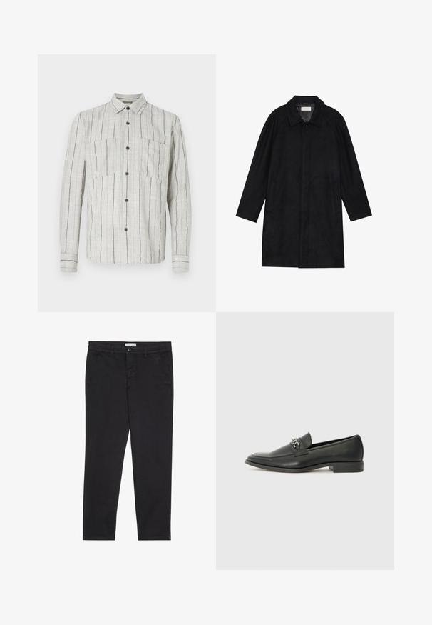 Melnā jaka, izgatavota no mīksta, teksturēta auduma. Ar apkakli, raglāna piedurknēm, sānu kabatām un priekšējo pogu aizdari.; Gaišs pelēks garām piedurknēm krekls, kas izgatavots no teksturēta auduma ar tumši ziliem vertikāliem svītrām, ar divām krūšu kabatām un tumšiem pogām.; Melni kokvilnas bikses ar šauru piegriezumu, kurām ir divas sānu kabatas un priekšējā pogu aizdare. Tekstūrēta auduma ar smalku detalizāciju.; Melna ādas loafer izmēra apavi ar gludu virsmu, piedāvā ar šūtu dizainu un dekoratīvu metāla ķēdes akcentu pār vampu. Plakana papēža daļa.