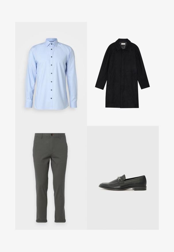 Svart frakk laget av myk, teksturert stoff. Har krage, raglanermer, sidelommer og forsterket knappelukking foran.; OLYMP No. Six SIX SUPER SLIM - Finskjorte - bleu; Grå bukser med rett bendesign, laget av lett stoff, med rullet falm og en enkelt knappelukking foran.; Sorte skinnloafers med en glatt finish, og med en sydd design og en dekorativ metallkjedeakcent over foten. Flat hæl.