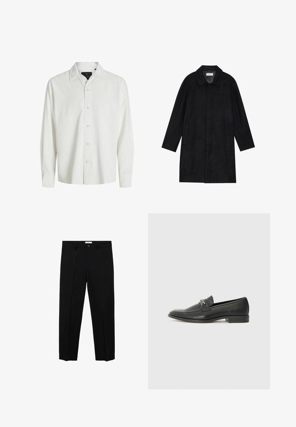 Cappotto nero realizzato in tessuto morbido e texturizzato. Caratterizzato da un colletto, maniche raglan, tasche laterali e chiusura frontale con bottoni.; Camicia bianca con bottoni, maniche lunghe, tessuto testurizzato, colletto a punta e lucentezza sottile. Presenta sei bottoni sul davanti.; Pantaloni neri su misura con taglio dritto, dotati di chiusura con un solo bottone, passanti per la cintura e pieghe frontali. Realizzati in un tessuto liscio.; Mocassino in pelle nera con finitura liscia, caratterizzato da un design cucito e da un accento decorativo in catena metallica sul vamp. Tacco piatto.