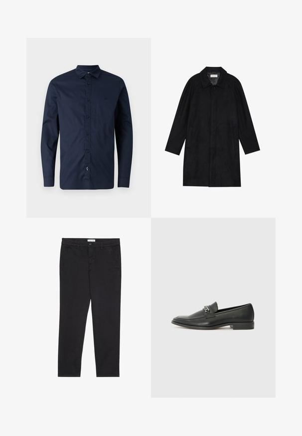 Črn plašč, izdelan iz mehkega, strukturiranega blaga. Ima ovratnik, raglan rokave, stranske žepe in sprednje zapiranje na gumbe.; Mornarsko modra dolg rokav majica iz bombaža, ki ima ovratnik z gumbi, sprednji del s placketom in gumbi ter subtilen logotip na prsih.; Črne bombažne hlače s slim fit krojem, z dvema stranskima žepoma in sprednjim gumbom za zapiranje. Teksturirano blago z nežnimi detajli.; Črni usnjeni loafer z gladko površino, ki ima šivano zasnovo in dekorativni kovinski verižni naglas preko vampirja. Ravno peto.