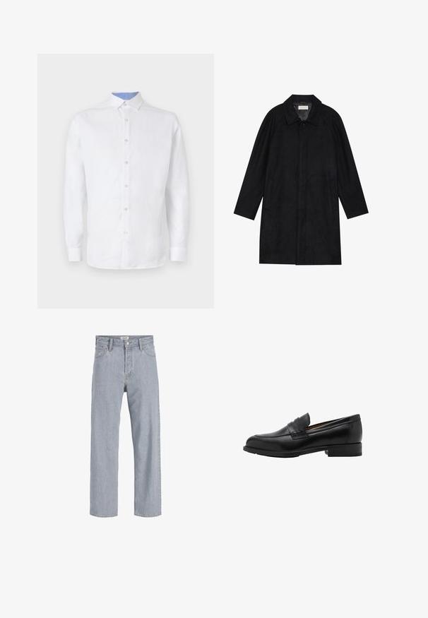Czarny płaszcz wykonany z miękkiego, teksturowanego materiału. Posiada kołnierz, rękawy raglanowe, boczne kieszenie oraz zapięcie na guziki z przodu.; Biała koszula z długim rękawem z przodu na guziki, z jasnoniebieskim wzorem w kratkę wewnątrz kołnierzyka i mankietów. Gładka tekstura materiału.; Jasnoniebieskie dżinsy o luźnym kroju, prostych nogawkach, widocznym szwie, dwóch przednich kieszeniach i zapięciu na guzik.; Czarne skórzane mokasyny z przeszywaną przednią częścią i płaskim obcasem. Gładka tekstura z zaokrąglonym noskiem i dekoracyjnym paskiem na wierzchu stopy.