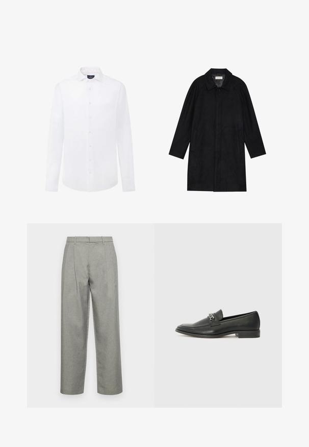 Černý kabát vyrobený z měkké, strukturované tkaniny. Má límec, raglánové rukávy, boční kapsy a přední zapínání na knoflíky.; Bílá dlouhá košile z bavlny s límcem na knoflíčky, předními knoflíky a decentním logem na hrudi. Hladká textura.; Šedé vykrojené kalhoty vyrobené z texturované tkaniny, se střihem rovného nohavice, předními sklady a standardním pasem s poutky na opasek.; Černé kožené mokasíny s hladkým povrchem, s prošívaným designem a dekoračním kovovým řetízkem přes nárt. Plochý podpatek.