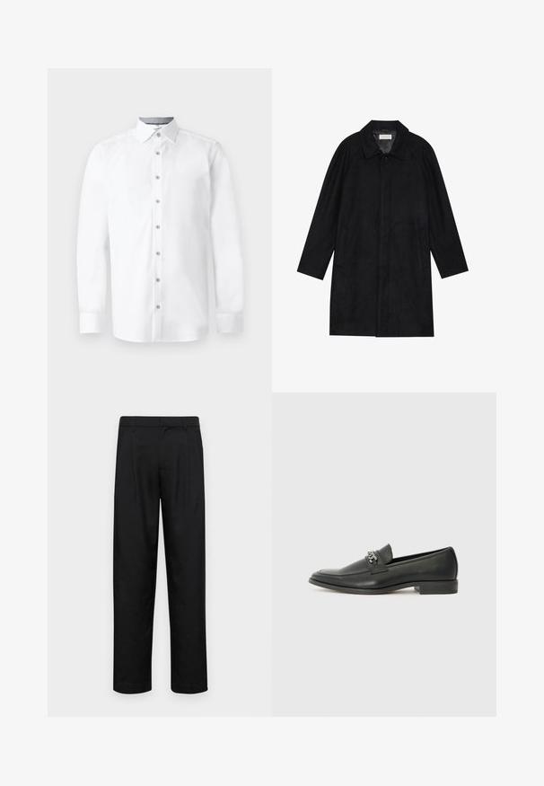 Geacă neagră dintr-un material moale și texturat. Dispune de un guler, mâneci raglan, buzunare laterale și închidere cu nasture în față.; Cămașă albă din bumbac cu mâneci lungi, cu închidere prin nasturi în față, guler ascuțit și textură netedă. Are șase nasturi și mâneci cu manșete.; Pantaloni negri dintr-un material neted, cu un design drept, două pliuri frontale și un tiv standard cu bucle pentru curea.; Pantofii negri din piele cu un finisaj neted, având un design cusut și un accent decorativ de lanț metalic peste partea de sus. Toc plat.