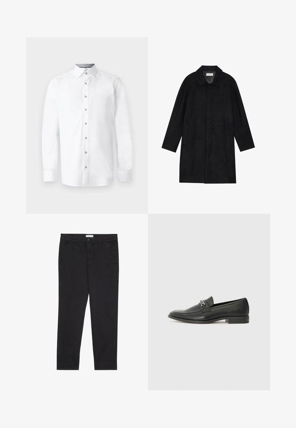 Must mustritud pehme kangast must mantel. Omab kraed, raglanvarrukaid, külgkotte ja ees nuppe.; Valge särk pikkade varrukatega, nööbitava esiosaga, terava kraega ja sileda tekstuuriga. Omab kuut nööpi ja mansetiga varrukaid.; Mustad puuvillased püksid kitsas lõikes, millel on kaks külgtaskut ja ees klõpsuga kinnitamine. Tekstuuriga kangas, millel on peened detailid.; Must haveate nahkking punased, millel on sile viimistlus, tikitud muster ja dekoratiivne metallkett vampi üle. Tasane konts.