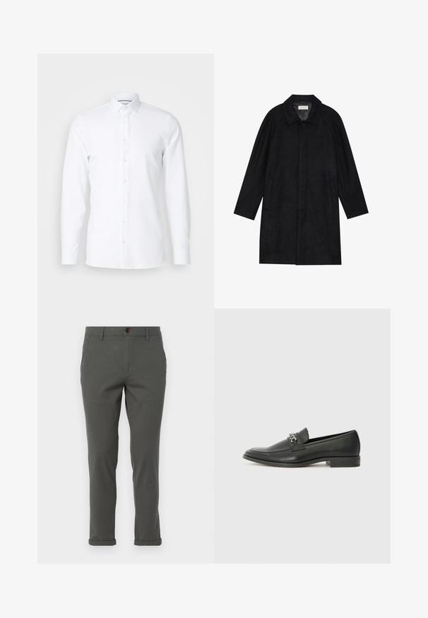 Manteau noir en tissu doux et texturé. Présente un col, des manches raglan, des poches latérales et une fermeture à boutons sur le devant.; Chemise blanche à manches longues en tissu lisse, avec un col pointu et une fermeture à boutons sur le devant. Sans motifs ni ornements.; Pantalon gris avec une coupe droite, fabriqué en tissu léger, doté d'un ourlet roulé et d'une fermeture à un seul bouton à l'avant.; Mocassin en cuir noir avec une finition lisse, présentant un design cousu et une accent décoratif en chaîne métallique sur le rand. Talon plat.