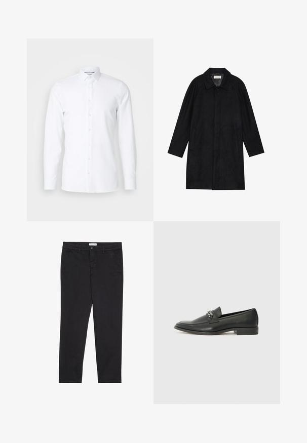 Sort frakke lavet af blød, struktureret stof. Har en krave, raglanærmer, sidelommer og en frontknaplukning.; Hvid langærmet skjorte lavet af glat stof, med spids krave og knaplukning foran. Ingen mønstre eller udsmykninger.; Sorte bomuldsbukser med slim fit, der har to sidelommer og en knappelukning foran. Tekstureret stof med subtil detaljer.; Sorte læder loafers med en glat finish, der har et syet design og et dekorativt metal kædeaccent hen over vamps. Flad hæl.