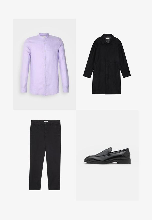 Černý kabát vyrobený z měkké, strukturované tkaniny. Má límec, raglánové rukávy, boční kapsy a přední zapínání na knoflíky.; Světle fialová lněná košile s dlouhým rukávem, stojáčkem a uzávěrem na knoflíky vpředu. Hladká textura s volným střihem.; Černé bavlněné kalhoty s úzkým střihem, které mají dvě boční kapsy a přední zapínání na knoflík. Texturovaná tkanina s jemnými detaily.; Černé kožené mokasíny s hladkým povrchem, s kulatou špičkou a úzkým páskem přes svršek. Nízký vrstvený podpatek.