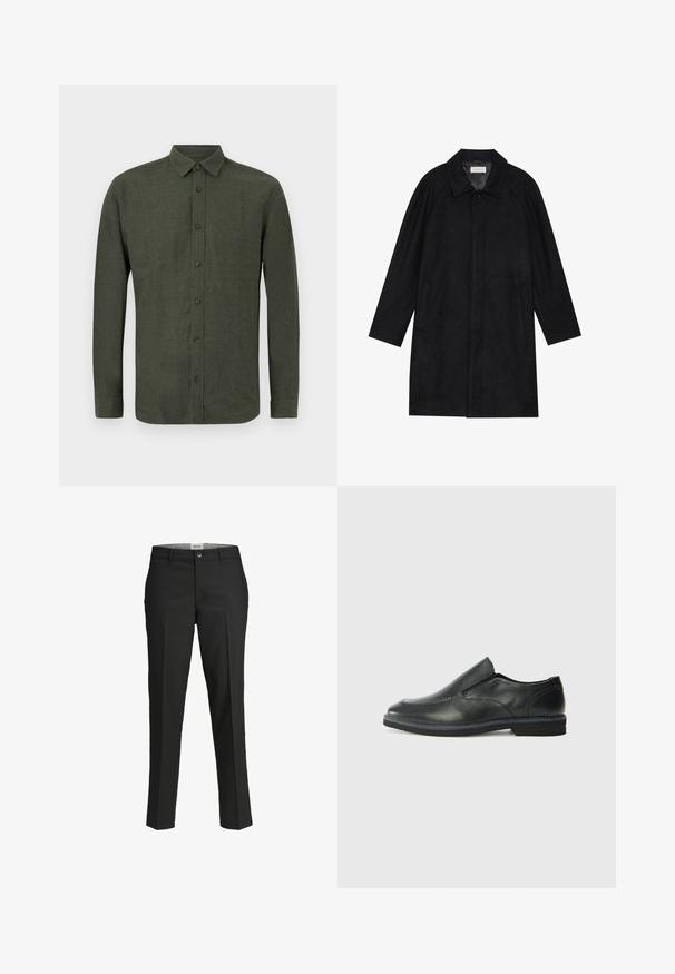 Svart kappa i mjuk, texturerad tyg. Har krage, raglanärmar, sidofickor och knäppning fram med knappar.; Mörkgrön långärmad skjorta med krage, utlagd platt mot vit bakgrund.; Svarta byxor, skräddarsydd passform, slätt tyg, medelhög midja, framknäppning, diagonala fickor och veckdetaljering längs benen.; Svart lädersko i slip-on-modell med en slät ovandel, sömnadsdetaljer, rund tå och låg gummihäl. Sulan har minimal mönstring.