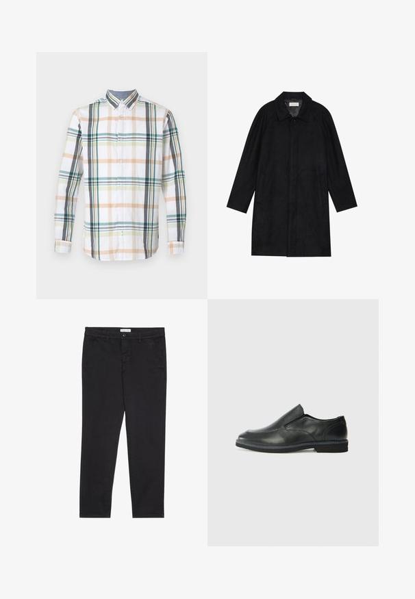 Čierny kabát vyrobený z jemnej, textúrovanej látky. Má golier, raglánové rukávy, bočné vrecká a zapínanie na prednej strane na gombíky.; Biela košeľa s dlhým rukávom s gombíkmi, vyrobená z látky s viacfarebným károvaným vzorom v odtieňoch zelenej, béžovej a šedej.; Čierne bavlnené nohavice so štíhlym strihom, vybavené dvoma bočnými vreckami a predným zapínaním na gombík. Textúrovaná tkanina s jemným detailovaním.; Čierny kožený nazúvací topánka s hladkým zvrškom, prešitými akcentmi, zaoblenou špičkou a nízkym gumovým podpätkom. Podošva má minimálny dezén.