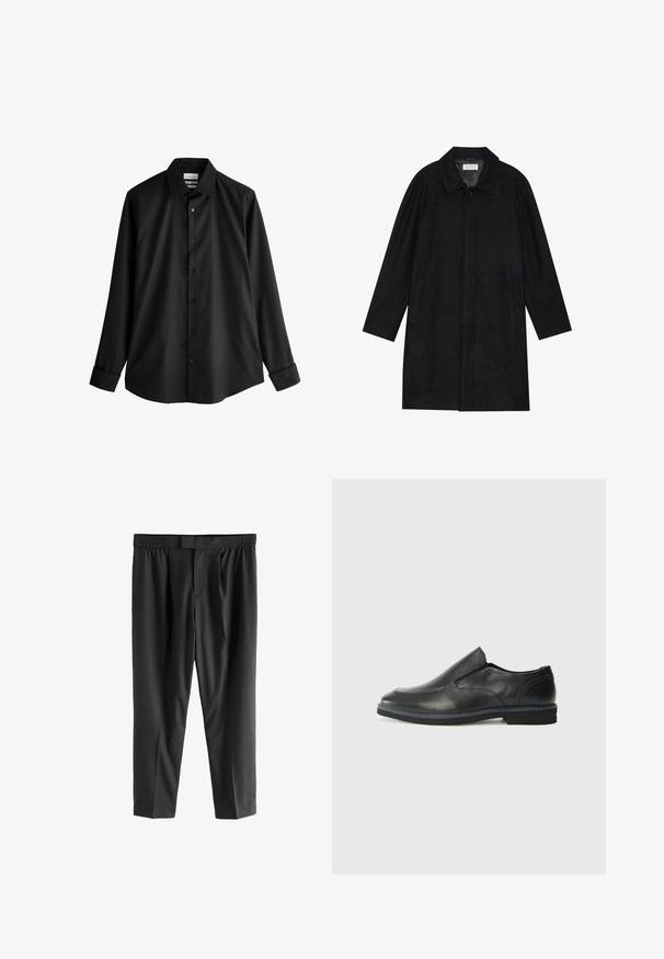 Juodas paltas, pagamintas iš minkštos, tekstūruotos medžiagos. Su apykakle, raglan rankovėmis, šoninėmis kišenėmis ir priekinėmis mygtukų uždarymo detalėmis.; Juodas ilgomis rankovėmis marškiniai su struktūrizuotu apykakle, pasižymintys glotnia, lygiąja tekstūra ir šešiais derančiais mygtukais priekyje.; Next REGULAR FIT -CHECK SMART - Chino stiliaus kelnės - black; Juodai odiniai įtvirtinimo batai su lygiu paviršiumi, siuvinėjimo akcentais, apvalia nosimi ir žemu guminiu kulnu. Pado raštas minimalus.
