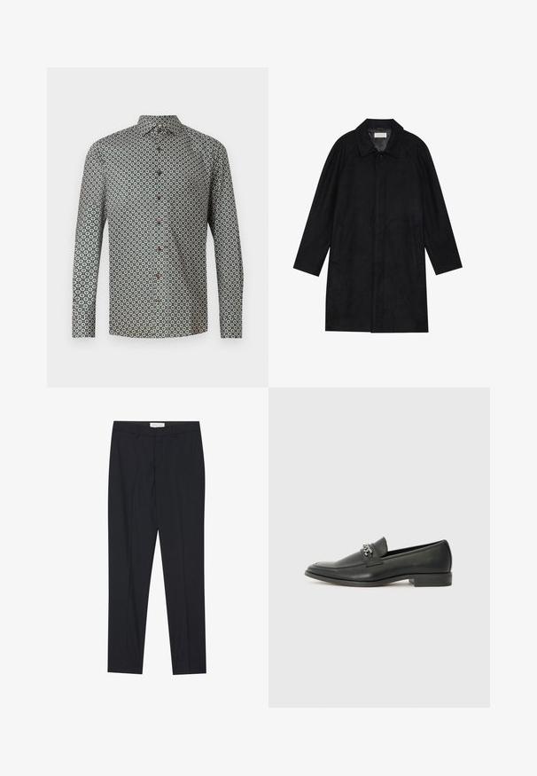 Geacă neagră dintr-un material moale și texturat. Dispune de un guler, mâneci raglan, buzunare laterale și închidere cu nasture în față.; Cămașă cu mânecă lungă dintr-un material verde, cu un model floral repetat. Gulerul este tip button-down, având butoane maronii pe față.; Pantaloni negri, croiți pe măsură, cu față plată, cu o tăietură obișnuită, dintr-un material neted, având plii presate și buzunare laterale.; Pantofii negri din piele cu un finisaj neted, având un design cusut și un accent decorativ de lanț metalic peste partea de sus. Toc plat.