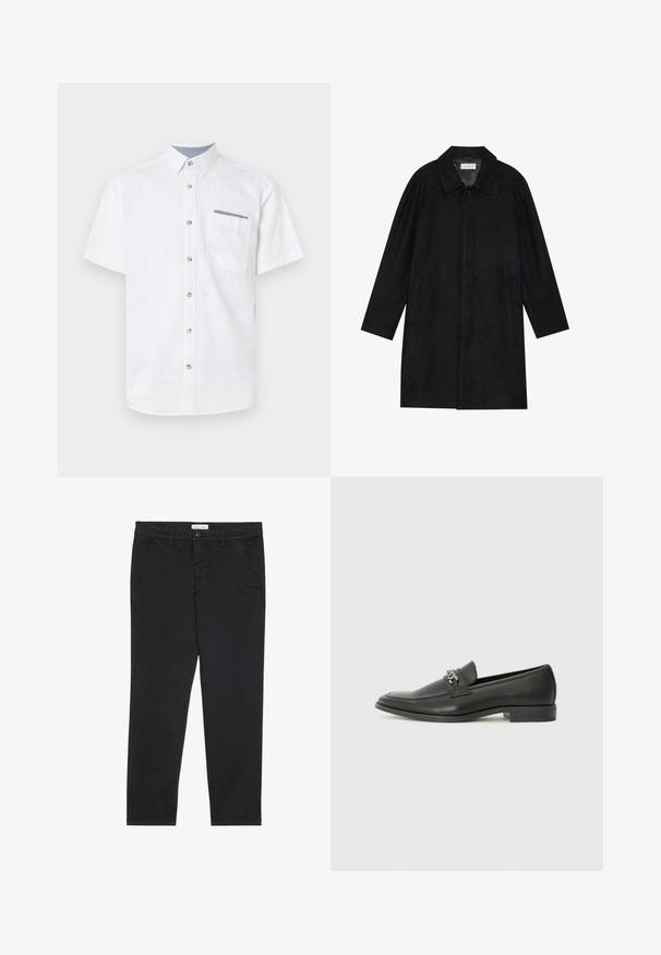 Zwarte jas gemaakt van zachte, gestructureerde stof. Beschikt over een kraag, raglanmouwen, zijzakken en een knoopsluiting aan de voorkant.; Wit kortemouwen shirt van katoen, met een knoopsluiting aan de voorkant, bruine knopen en een borstzak met een blauwe accent.; Zwarte katoenen broeken met een slim fit, voorzien van twee zijzakken en een sluiting met een voorknop. Geweven stof met subtiele.details.; Zwarte leren instapper met een gladde afwerking, voorzien van een gestikt ontwerp en een decoratieve metalen kettingaccent over de wreef. Platte hak.