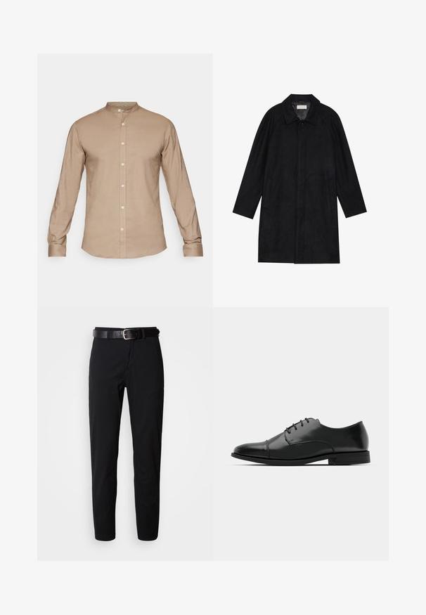 Juodas paltas, pagamintas iš minkštos, tekstūruotos medžiagos. Su apykakle, raglan rankovėmis, šoninėmis kišenėmis ir priekinėmis mygtukų uždarymo detalėmis.; Bežinis marškinėliai su ilgomis rankovėmis, mygtukų uždarymu priekyje ir švelnia tekstūra. Turi subtilų blizgesį, standartinius rankogalius ir jokios raštos.; Juodi kelnių modeliai su tiesiu kirpimu, turintys lygų paviršių ir juodas odinis diržas su sidabriniu sagtimi. Paprastas dizainas, be raštų ar akcentų.; Juodas odinis džinsinis batų modelis su apvaliu galiuku, raišteliu ir subtiliomis siūlėmis, taip pat žemu kulnu. Lygus pavirčius su blizgiu apdaila.