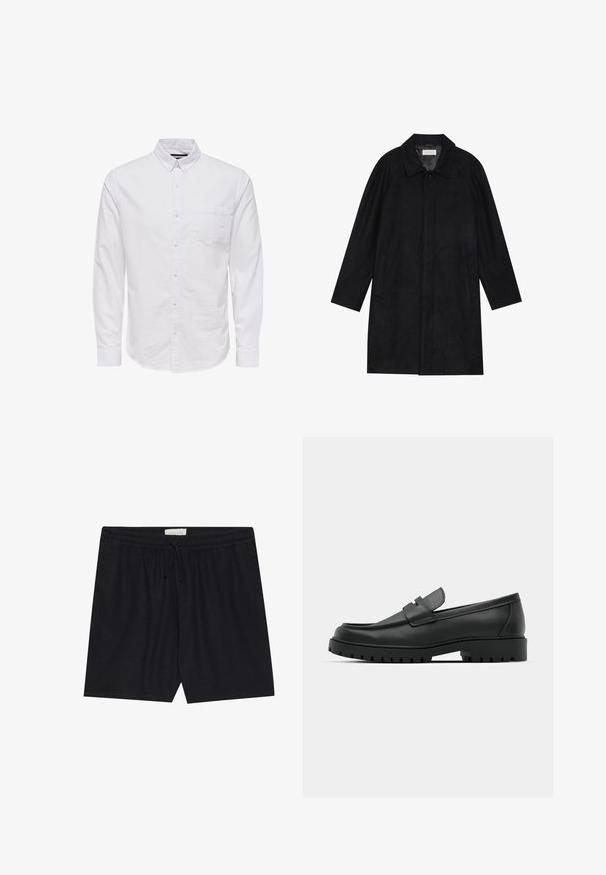 Černý kabát vyrobený z měkké, strukturované tkaniny. Má límec, raglánové rukávy, boční kapsy a přední zapínání na knoflíky.; Bílá košile s dlouhým rukávem na knoflíky vyrobená z bavlny, s límcem, předními knoflíky a jednou náprsní kapsou. Hladká textura.; Černé šortky s elastickým pasem a šňůrkou, s hladkým povrchem a rovným střihem, vhodné pro každodenní nošení.; Černé kožené mokasíny s kulatou špičkou, zdobené prošitím, s nízkou platformou a texturovanou gumovou podrážkou s drážkováním.