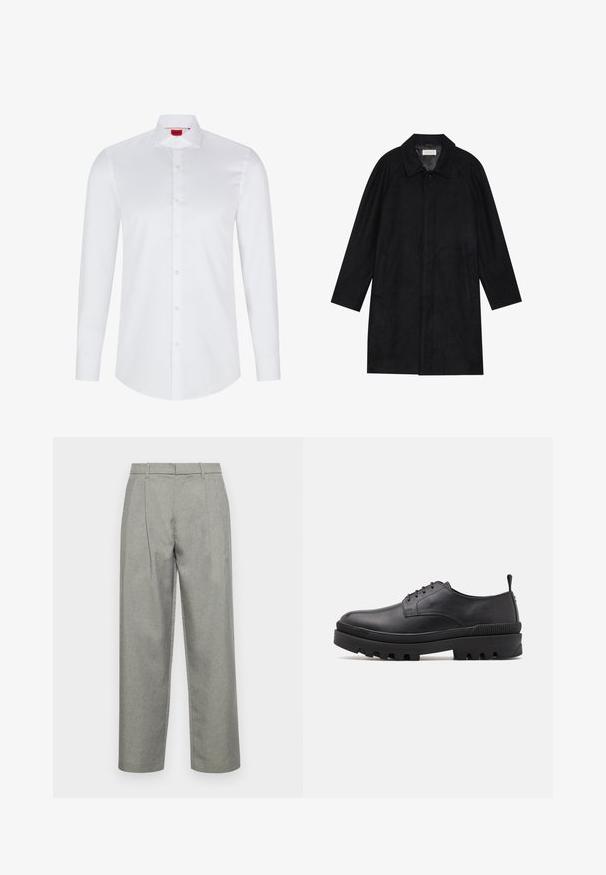 Manteau noir en tissu doux et texturé. Présente un col, des manches raglan, des poches latérales et une fermeture à boutons sur le devant.; Chemise blanche à manches longues avec boutons en coton lisse. Présente un col classique, une patte de boutonnage pleine et un ourlet arrondi.; Pantalons gris sur mesure en tissu texturé, avec une coupe droite, des plis avant et une taille standard avec passants de ceinture.; Chaussure en cuir noir avec un bout arrondi, un laçage et une semelle en caoutchouc épaisse. Possède une languette au talon et des accents texturés.
