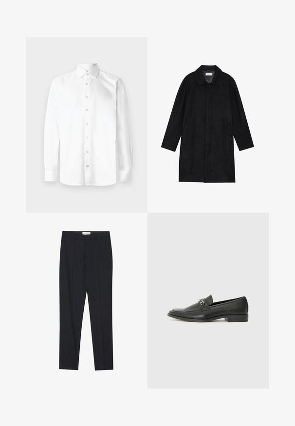Czarny płaszcz wykonany z miękkiego, teksturowanego materiału. Posiada kołnierz, rękawy raglanowe, boczne kieszenie oraz zapięcie na guziki z przodu.; Biała koszula z długim rękawem, z ostrym kołnierzykiem, zapinana na guziki z pojedynczymi mankietami na guziki. Gładki, jednolity materiał bez wzorów czy ozdób.; Czarne taliowane spodnie o gładkim przodzie, w standardowym fasonie, wykonane z gładkiej tkaniny, z prasowanymi zakładkami i bocznymi kieszeniami.; Czarne skórzane mokasyny o gładkim wykończeniu, z haftowanym wzorem i dekoracyjnym akcentem z metalowego łańcucha na wierzchu. Płaska pięta.