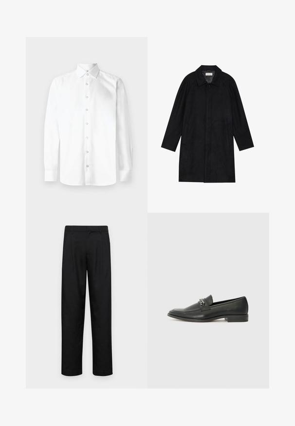 Svart frakk laget av myk, teksturert stoff. Har krage, raglanermer, sidelommer og forsterket knappelukking foran.; Hvit langermet skjorte med spiss krage, knapp foran og en knapp på mansjettene. Glatt, ensfarget stoff uten mønstre eller pynt.; Sorte bukser laget av glatt stoff, med rette ben, to frontfoldninger og standard liv med beltehemper.; Sorte skinnloafers med en glatt finish, og med en sydd design og en dekorativ metallkjedeakcent over foten. Flat hæl.