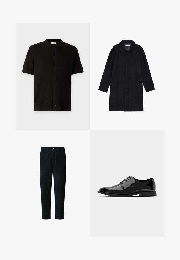 Must mustritud pehme kangast must mantel. Omab kraed, raglanvarrukaid, külgkotte ja ees nuppe.; Must t-särk lühikeste varrukatega, valmistatud tekstureeritud kangast, eesmises osas nööpidega ja klassikalise kraega. Omab sirget äärt.; Mustad kangast alustõmblustega mustad lõngad, millel on sirge lõige, eestaskud, nupuga kinnitamine ja peen ribaline tekstuur kogu ulatuses.; Mustan läikiva nahast kleitking, millel on ümar varvas, nööridega disain ja sile, läikiv pind. Omab madalat kummitalda.