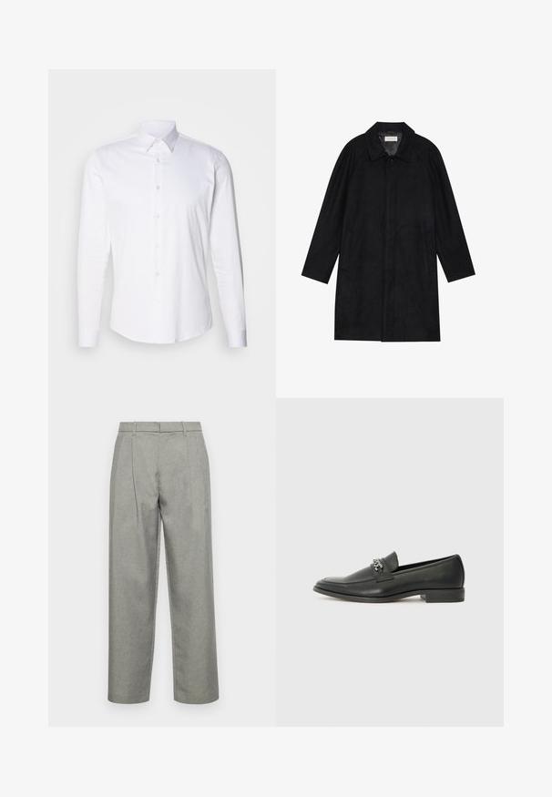 Must mustritud pehme kangast must mantel. Omab kraed, raglanvarrukaid, külgkotte ja ees nuppe.; Valge pikkade varrukatega nööbiga särk, millel on krae, slim fit, pehme kangas ja sirge äär. Omab peent tekstuuri ja läbipaistvaid nuppe.; Hallitatud hallid püksid, mis on valmistatud tekstuuriga kangast, sirge jala disainiga, ees pleekidega ning tavalise vöökohtadega, kus on vöökohad.; Must haveate nahkking punased, millel on sile viimistlus, tikitud muster ja dekoratiivne metallkett vampi üle. Tasane konts.