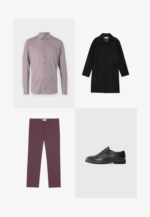 Zwarte jas gemaakt van zachte, gestructureerde stof. Beschikt over een kraag, raglanmouwen, zijzakken en een knoopsluiting aan de voorkant.; Langarm overhemd in het wit met een geometrisch patroon in rood en marineblauw. Voorzien van een kraag, manchetten en een rechte snit.; bordeaux katoenen broek met een rechte pasvorm, voorzien van twee zijzakken en een knoopsluiting aan de voorkant. Zachte textuur en geen zichtbare patronen.; Zwarte leren instapper met een soepele bovenkant, gestikte accenten, ronde neus en een lage rubberen hak. De zool heeft minimale profiel.