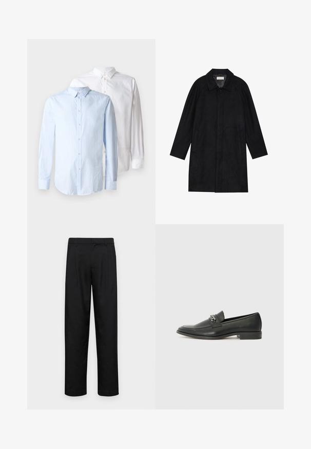 Svart frakk laget av myk, teksturert stoff. Har krage, raglanermer, sidelommer og forsterket knappelukking foran.; To langermede skjorter: en lyseblå med vertikale striper, og en ensfarget hvit. Begge har knappelukking foran og kragedetaljer.; Sorte bukser laget av glatt stoff, med rette ben, to frontfoldninger og standard liv med beltehemper.; Sorte skinnloafers med en glatt finish, og med en sydd design og en dekorativ metallkjedeakcent over foten. Flat hæl.