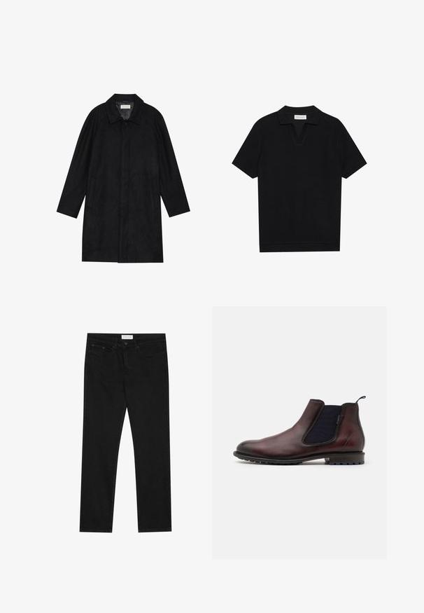 Melnā jaka, izgatavota no mīksta, teksturēta auduma. Ar apkakli, raglāna piedurknēm, sānu kabatām un priekšējo pogu aizdari.; Melns īsām piedurknēm polo krekls ar teksturētu, ribotu audumu, ar V veida kakla izgriezumu un taisnu apakšmalu. Bez redzamām emblēmām vai rakstiem.; Melni taisnie džinsi ar piecu kabatu dizainu, pogu un rāvējslēdzēja aizdari, un Pier One zīmola uzlīmi uz jostasvietas.; Brūni ādas čelsija zābaki ar elastīgām sānu daļām, apaļu purngalu un strukturētu melnu gumijas zoli. Gluda apdare ar smalku spīdumu.