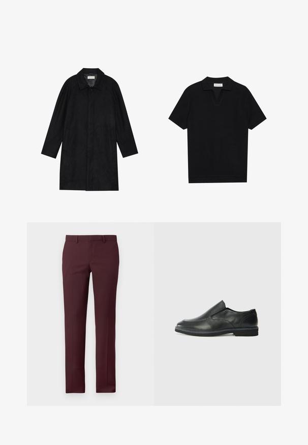 Sort frakke lavet af blød, struktureret stof. Har en krave, raglanærmer, sidelommer og en frontknaplukning.; Sort kortærmet polo skjorte med en tekstureret, ribbede stof, der har en v-halsudskæring og en lige kant. Ingen synlige logoer eller mønstre.; Bordeaux skræddersyede bukser med en struktureret pasform. Har flad front, bæltestropper og ingen synlige lommer, lavet af glat stof.; Sorte læder slip-on sko med en glat overdel, syede detaljer, rund tå og en lav gummihæl. Sålen har minimal profil.