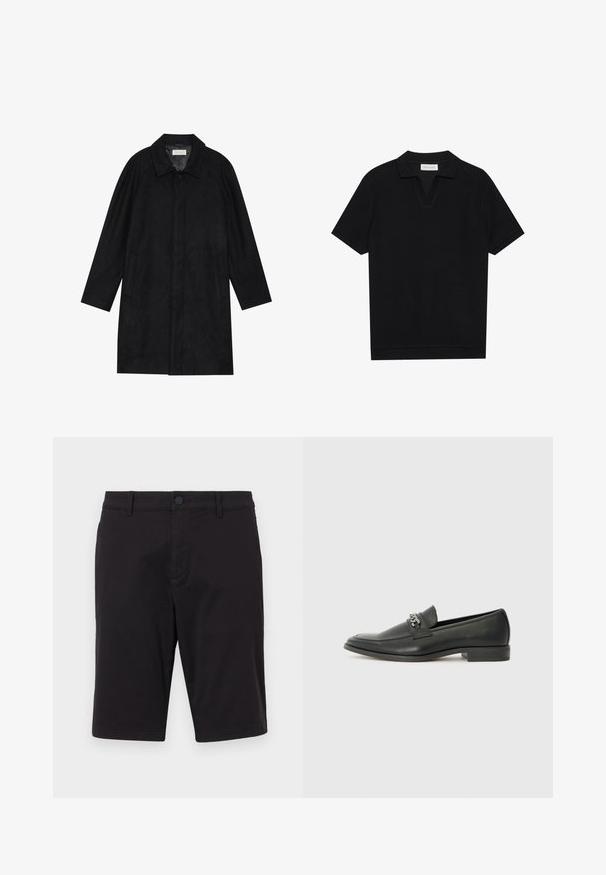 Schwarzer Mantel aus weichem, strukturiertem Stoff. Besitzt einen Kragen, Raglansärmel, seitliche Taschen und einen vorderen Knopfverschluss.; Schwarzes Kurzarm-Polohemd aus texturiertem, geripptem Stoff, mit einem V-Ausschnitt und geradem Saum. Keine sichtbaren Logos oder Muster.; Schwarze Shorts aus einem leichten Stoff. Mit Knopfverschluss, Gürtelschlaufen, zwei Seitentaschen und geradem Schnitt.; Schwarzer Lederloafer mit glatter Oberfläche, ausgestattet mit einer gesteppten Gestaltung und einem dekorativen Metallkettendetail über dem Vorderblatt. Flacher Absatz.
