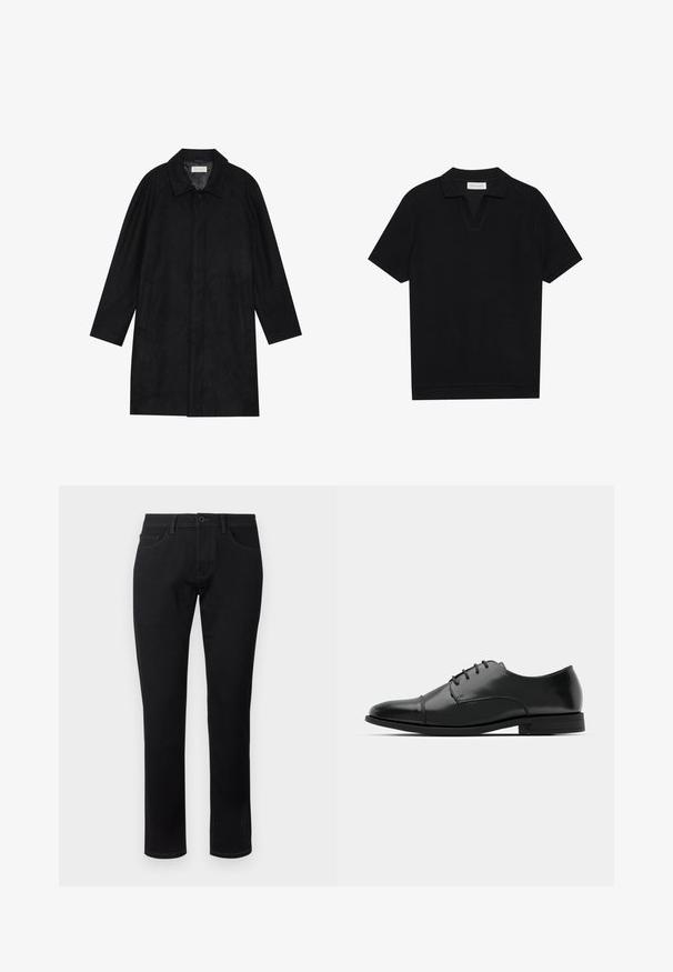 Schwarzer Mantel aus weichem, strukturiertem Stoff. Besitzt einen Kragen, Raglansärmel, seitliche Taschen und einen vorderen Knopfverschluss.; Schwarzes Kurzarm-Polohemd aus texturiertem, geripptem Stoff, mit einem V-Ausschnitt und geradem Saum. Keine sichtbaren Logos oder Muster.; TOM TAILOR TTJOSH Regular - Jeans Slim Fit - black denim; Schwarzer Leder-Dieerschuh mit runder Zehenform, Schnürdesign, dezenten Nähdetails und niedrigem Absatz. Glatte Textur mit polierter Oberfläche.