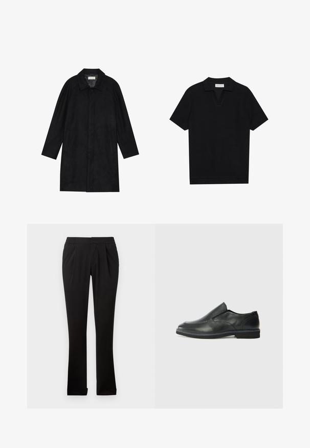 Fekete kabát puha, texturált anyagból készült. Gallérral, raglán ujjal, oldalsó zsebekkel és elülső gombos záródással rendelkezik.; Fekete, rövid ujjú pólóing texturált, bordázott anyagból, v-nyakkivágással és egyenes aljjal. Nincsenek látható logók vagy minták.; Fekete nadrág sima anyagból, rugalmas derékkal, egyenes lábakkal, elülső redőkkel és felhajtott szegélyekkel. Egyszerű és sokoldalú dizájn.; Fekete bőr, slip-on cipő sima felsőrésszel, varrott díszítéssel, lekerekített orral és alacsony gumitalppal. A talpa minimális bordázattal rendelkezik.