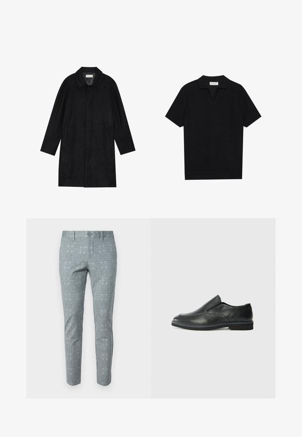 Cappotto nero realizzato in tessuto morbido e texturizzato. Caratterizzato da un colletto, maniche raglan, tasche laterali e chiusura frontale con bottoni.; Polo shirt nera a maniche corte in tessuto texturizzato a coste, con scollo a V e orlo dritto. Nessun logo o motivo visibile.; Pantaloni a quadri grigi con vestibilità su misura, chiusura con bottone e tessuto liscio con motivo a griglia.; Scarpa nera in pelle con inserto scivolare, superiore liscio, dettagli cuciti, punta arrotondata e tacco in gomma basso. La suola presenta un battistrada minimale.