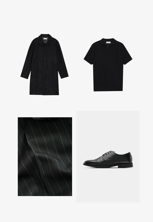 Schwarzer Mantel aus weichem, strukturiertem Stoff. Besitzt einen Kragen, Raglansärmel, seitliche Taschen und einen vorderen Knopfverschluss.; Schwarzes Kurzarm-Polohemd aus texturiertem, geripptem Stoff, mit einem V-Ausschnitt und geradem Saum. Keine sichtbaren Logos oder Muster.; Schwarzer Stoff mit einem Fischgrätmuster und feinen weißen Streifen. Die Textur wirkt glatt mit subtiler Tiefe durch die Webart.; Schwarzer Leder-Dieerschuh mit runder Zehenform, Schnürdesign, dezenten Nähdetails und niedrigem Absatz. Glatte Textur mit polierter Oberfläche.