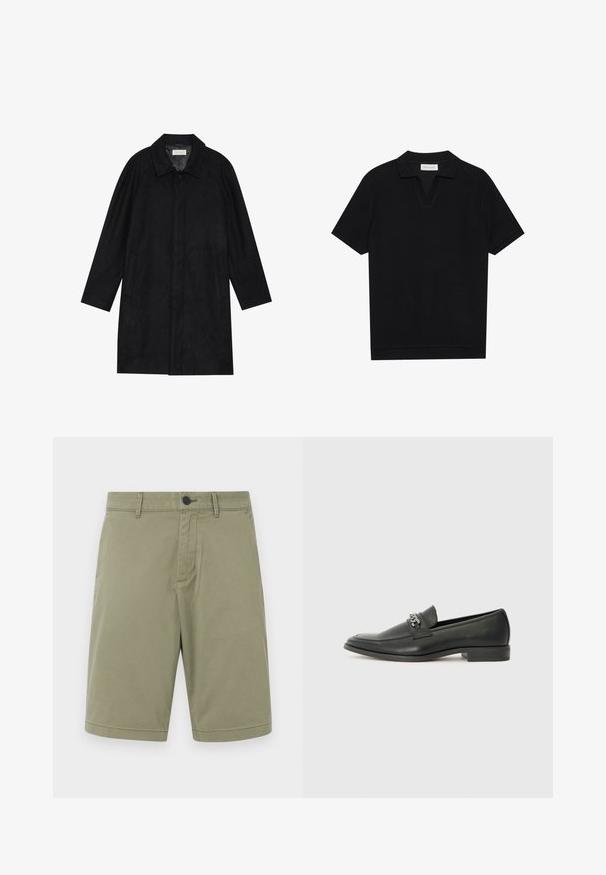 Juodas paltas, pagamintas iš minkštos, tekstūruotos medžiagos. Su apykakle, raglan rankovėmis, šoninėmis kišenėmis ir priekinėmis mygtukų uždarymo detalėmis.; Juodas trumpas rankovėmis polo marškinėliai su tekstūruota, grioveliais audiniu, turi V formos iškirptę ir tiesų apačią. Nėra matomų logotipų ar raštų.; Kaki šortai, pagaminti iš medvilnės, su diržo kilpomis, priekiniais mygtukais ir plokščiu priekiniu dizainu, turintys švarų apdailą ir be kišenių.; Juodos odinės loafer tipo bateliai su lygiu paviršiumi, turintys siuvinėtą dizainą ir dekoratyvų metalo grandinėlės akcentą ant batų viršaus. Plokščias kulnas.