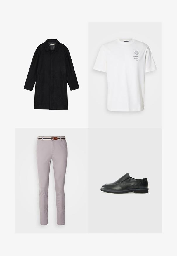 Čierny kabát vyrobený z jemnej, textúrovanej látky. Má golier, raglánové rukávy, bočné vrecká a zapínanie na prednej strane na gombíky.; Biela bavlnená tričko s okrúhlym výstrihom, krátkymi rukávmi a potlačou loga a textu na prednej strane v šedej farbe.; Svetlošedé nohavice vyrobené z bavlneného zmesi, s úzkym strihom, plochým predným dielom a opaskom pruhovaného vzoru v hnedej a námorníckej modrej farbe s obdĺžnikovou prackou.; Čierny kožený nazúvací topánka s hladkým zvrškom, prešitými akcentmi, zaoblenou špičkou a nízkym gumovým podpätkom. Podošva má minimálny dezén.