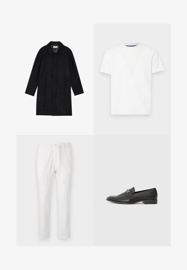 Juodas paltas, pagamintas iš minkštos, tekstūruotos medžiagos. Su apykakle, raglan rankovėmis, šoninėmis kišenėmis ir priekinėmis mygtukų uždarymo detalėmis.; Balta trumpo rankovio marškinėlių suapvalinta iš medvilnės. Turi apvalų iškirpimą su mėlynu vidiniu apdailu ir subtiliu išsiuvinėtu logotipu ant krūtinės.; Balti medvilniniai kelniukai su elastinga juosta, raišteliu ir knopkine uždarymo sistema. Tiesaus kirpimo dizainas, lygus paviršius, be raštų ar akcentų.; Juodos odinės loafer tipo bateliai su lygiu paviršiumi, turintys siuvinėtą dizainą ir dekoratyvų metalo grandinėlės akcentą ant batų viršaus. Plokščias kulnas.